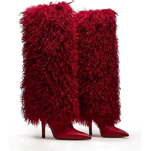 Women's Fur Red Pointed Toe Fold Over Wide Calf Knee High Heel Boots - Picture 4 of 7